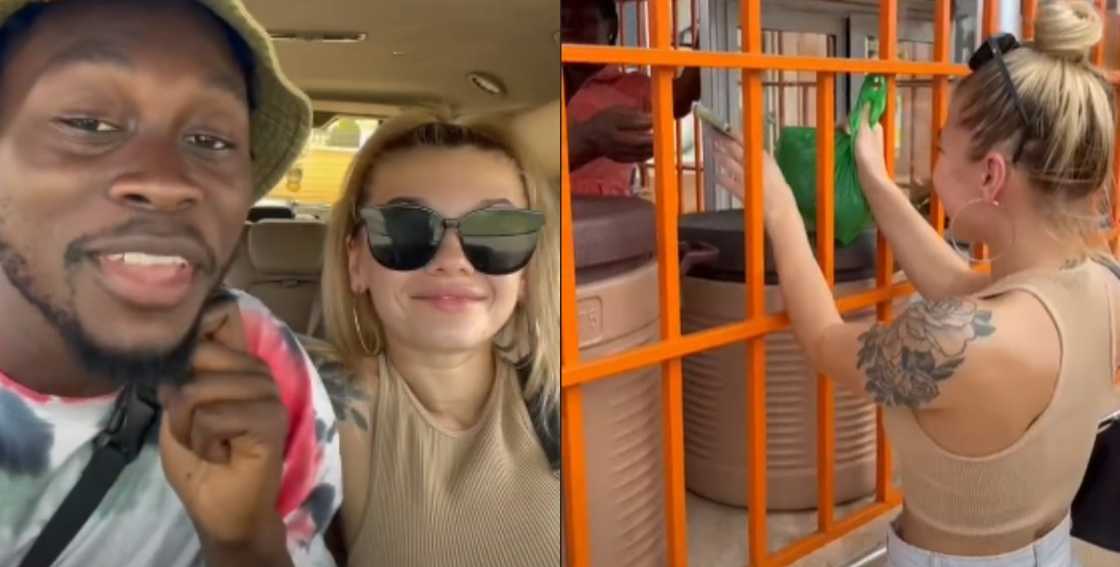 White lady buying kenkey in Ghana White lady buying kenkey in Ghana