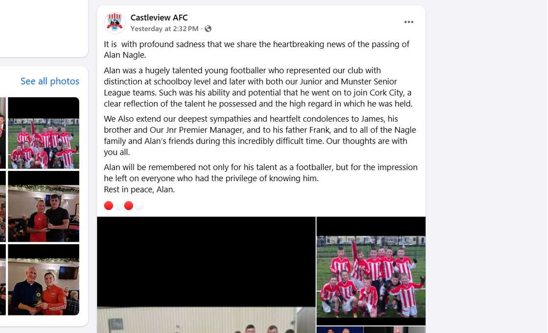 Alan Nagle death, Alan Nagle Cork City, Cork City FC former academy player, Castleview AFC tribute, Irish football death news, Munster Senior League football, Cork City FC academy news, Irish football community tributes, Alan Nagle Castleview AFC