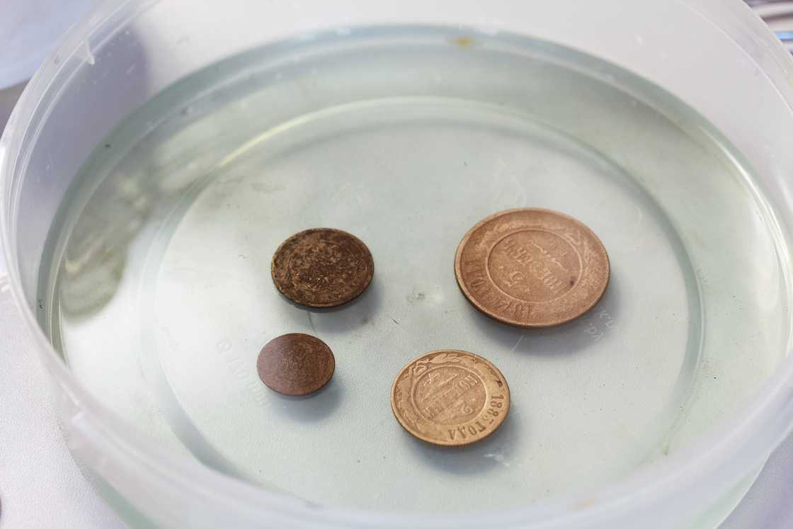 Corroded copper coins in a container with phosphoric acid.