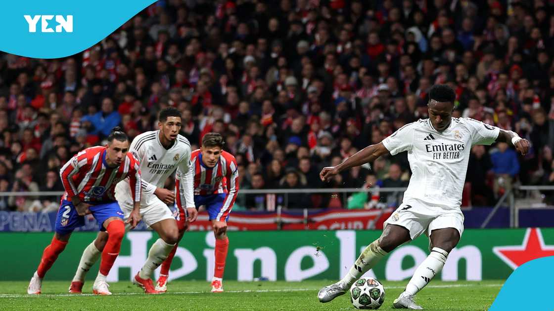 Vinicius Junior of Real Madrid takes a penalty kick, which he misses as it goes over the crossbar, during Real Madrid vs Atletico Madrid UCL March on 12, 2025 in Madrid, Spain Vinicius Junior of Real Madrid takes a penalty kick, which he misses as it goes over the crossbar, during Real Madrid vs Atletico Madrid UCL March on 12, 2025 in Madrid, Spain