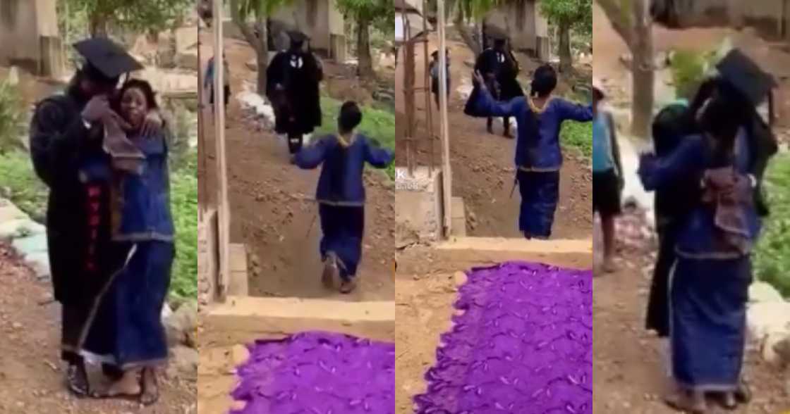 Poor mum who could not afford graduation gift for son lays her cloth on floor for him (video)