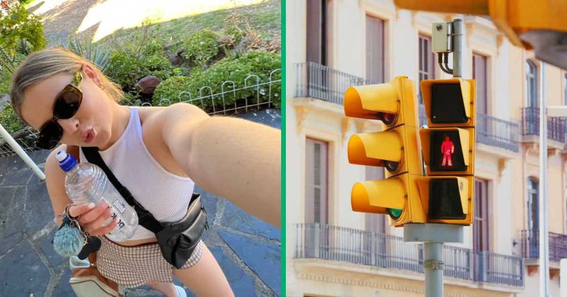 A TikTok video captured a man wearing heels and a dress selling hats at a traffic light. A TikTok video captured a man wearing heels and a dress selling hats at a traffic light.