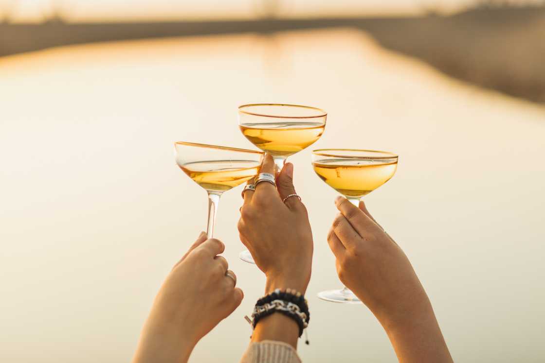 People showing off wine in vintage wine glasses.