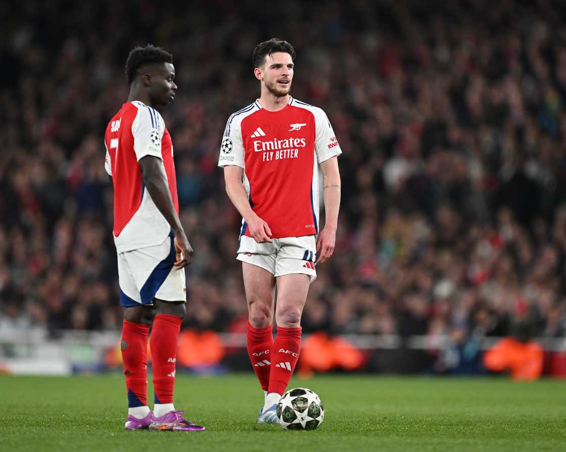 Declan Rice and Bukayo Saka during the UEFA Champions League 2024/25 quarter-final first leg between Arsenal and Real Madrid on April 08, 2025 in London, England Declan Rice and Bukayo Saka during the UEFA Champions League 2024/25 quarter-final first leg between Arsenal and Real Madrid on April 08, 2025 in London, England