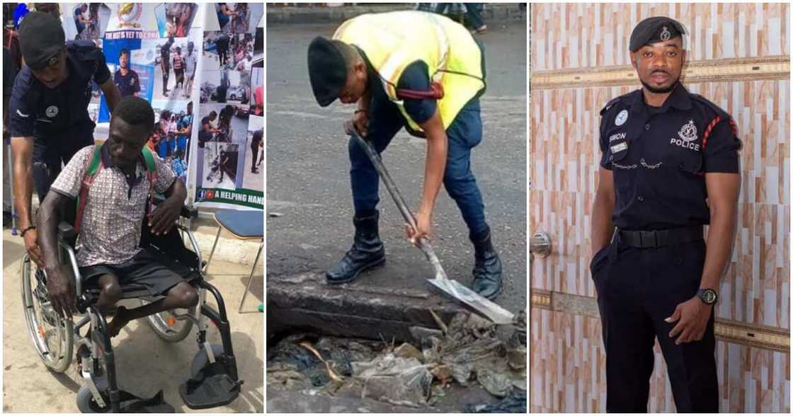 Photos of Ghanaian police officer Simon Agbeko and a physically challenged man. Photos of Ghanaian police officer Simon Agbeko and a physically challenged man.