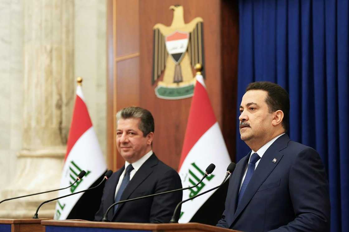 Iraqi Prime Minister Mohammed Shia al-Sudani, on the right, at a joint press conference with his Kurdish counterpart Masrour Barzani in Baghdad Iraqi Prime Minister Mohammed Shia al-Sudani, on the right, at a joint press conference with his Kurdish counterpart Masrour Barzani in Baghdad