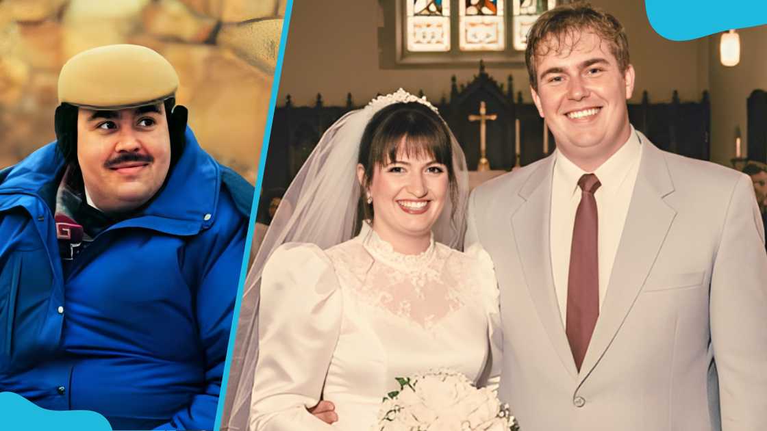 Candy in a blue jacket and with Rose on their wedding day