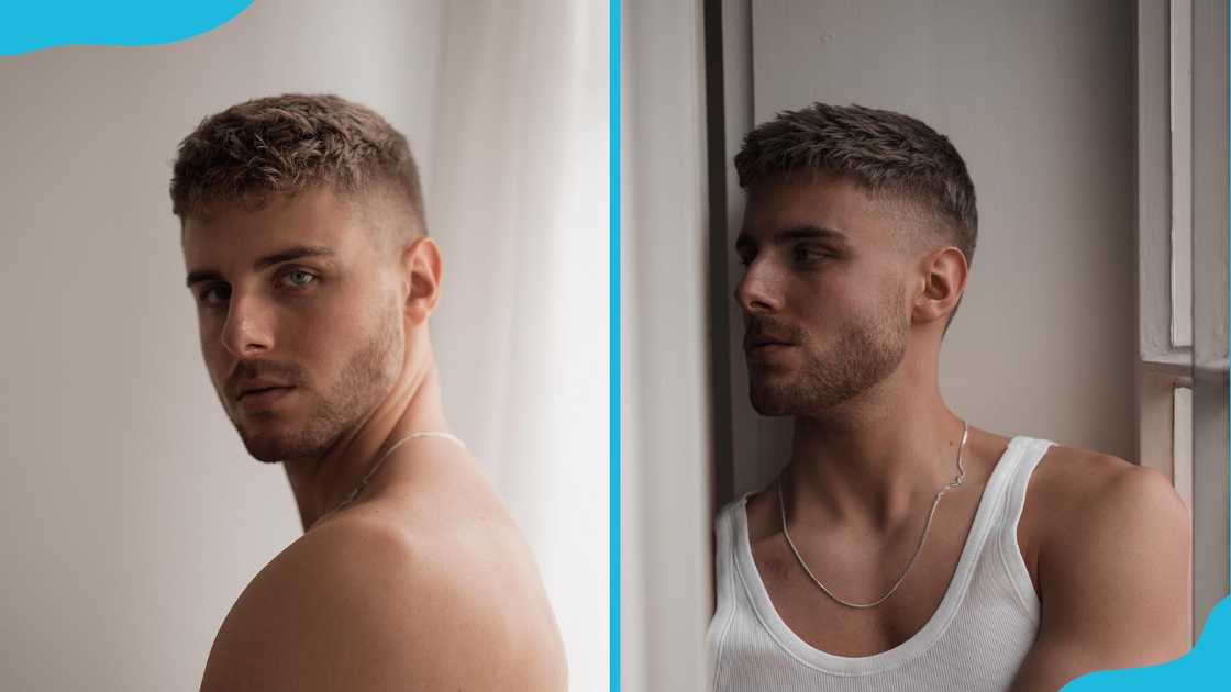 A classic crew cut with a textured top. A classic crew cut with a textured top.