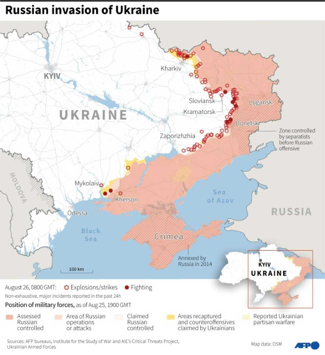 Map showing the situation in Ukraine as of August 26 at 0800 GMT Map showing the situation in Ukraine as of August 26 at 0800 GMT