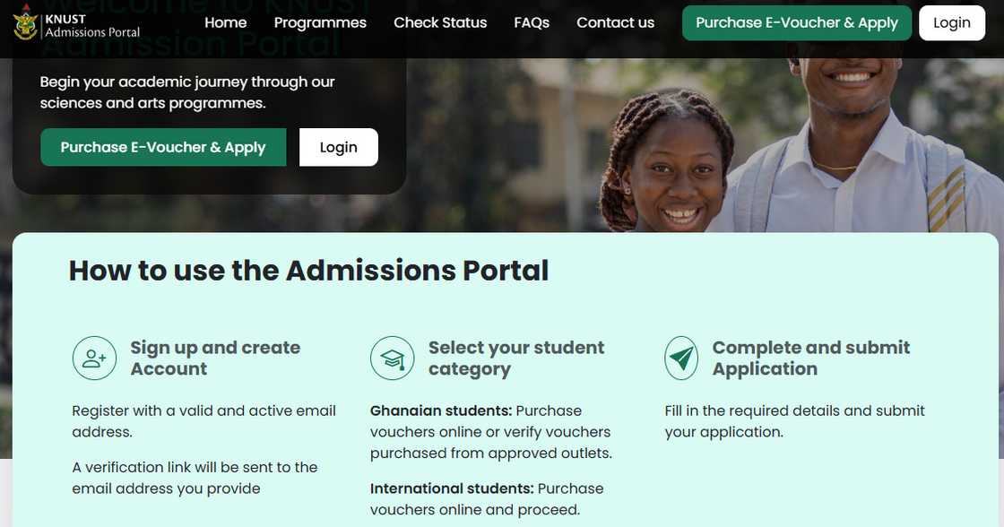 KNUST admission status checker portal homepage