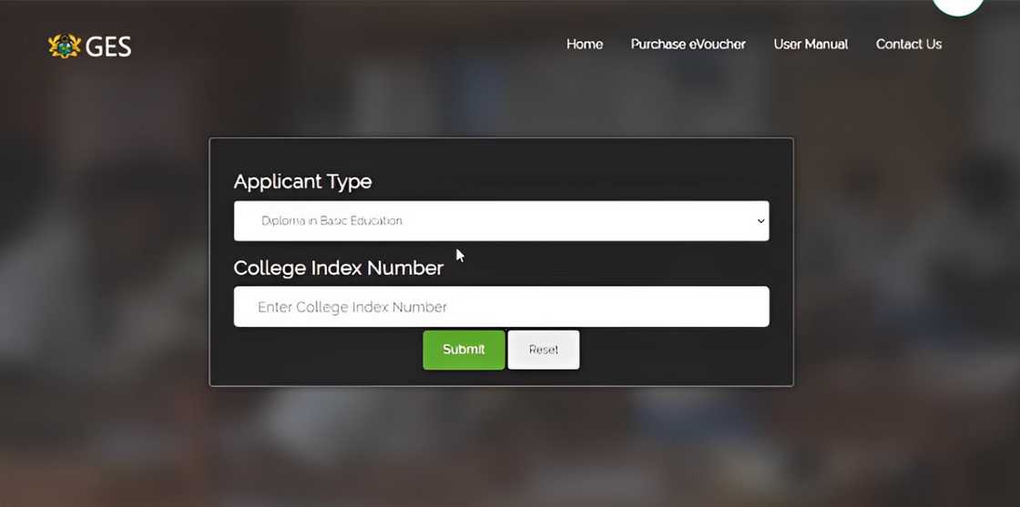 The GES recruitment portal showing a form where users can select their applicant type and enter their college index number. The GES recruitment portal showing a form where users can select their applicant type and enter their college index number.