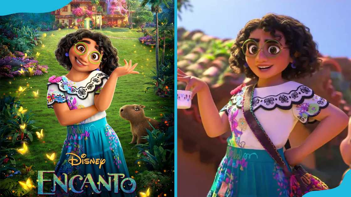 Encanto (2022) cover art (L) and Mirabel Madrigal (R) in a scene from Encanto. Encanto (2022) cover art (L) and Mirabel Madrigal (R) in a scene from Encanto.