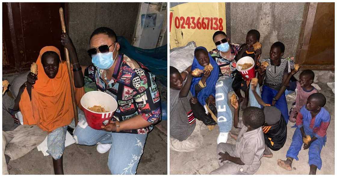 Photos of David Boahen handing KFC packs to the homeless