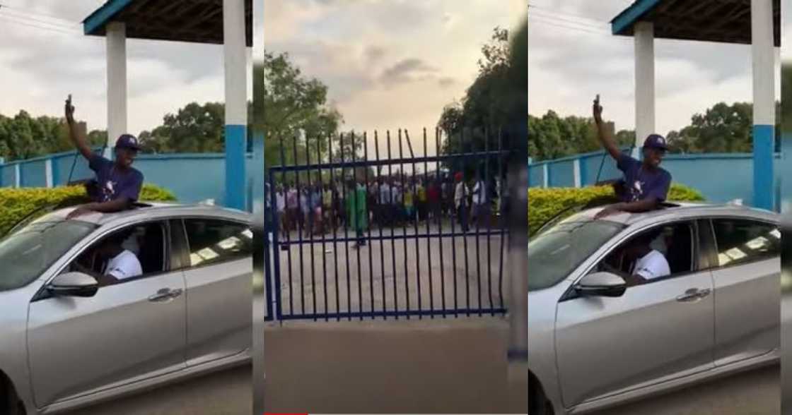 Yaw Tog goes to school in Open top car; students flow him 'fans' Yaw Tog goes to school in Open top car; students flow him 'fans'