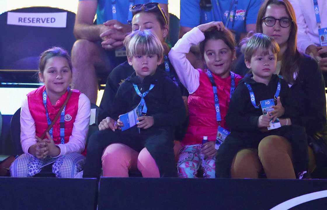Myla Rose, Charlene Riva, Lenny and Leo Federer watch their father Roger Federer playing. Myla Rose, Charlene Riva, Lenny and Leo Federer watch their father Roger Federer playing.