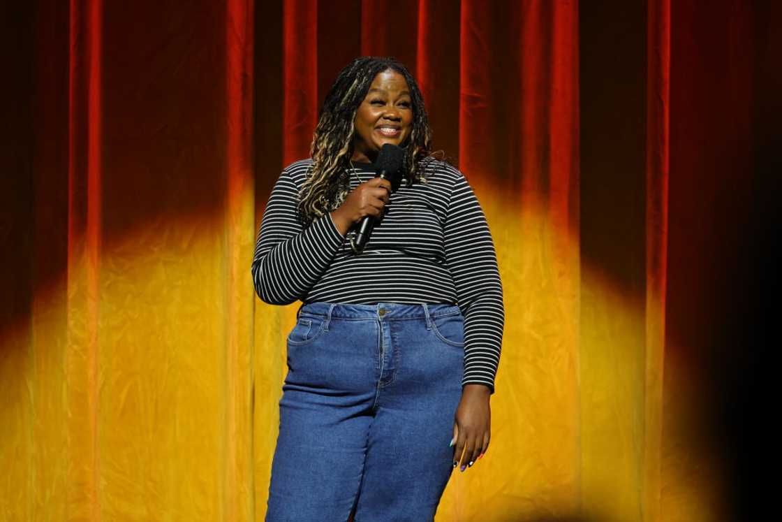 Nicole Byer performs during The Give Back-ular Spectacular! Fundraiser in partnership with The Union Solidarity Coalition at The Orpheum Theatre Nicole Byer performs during The Give Back-ular Spectacular! Fundraiser in partnership with The Union Solidarity Coalition at The Orpheum Theatre