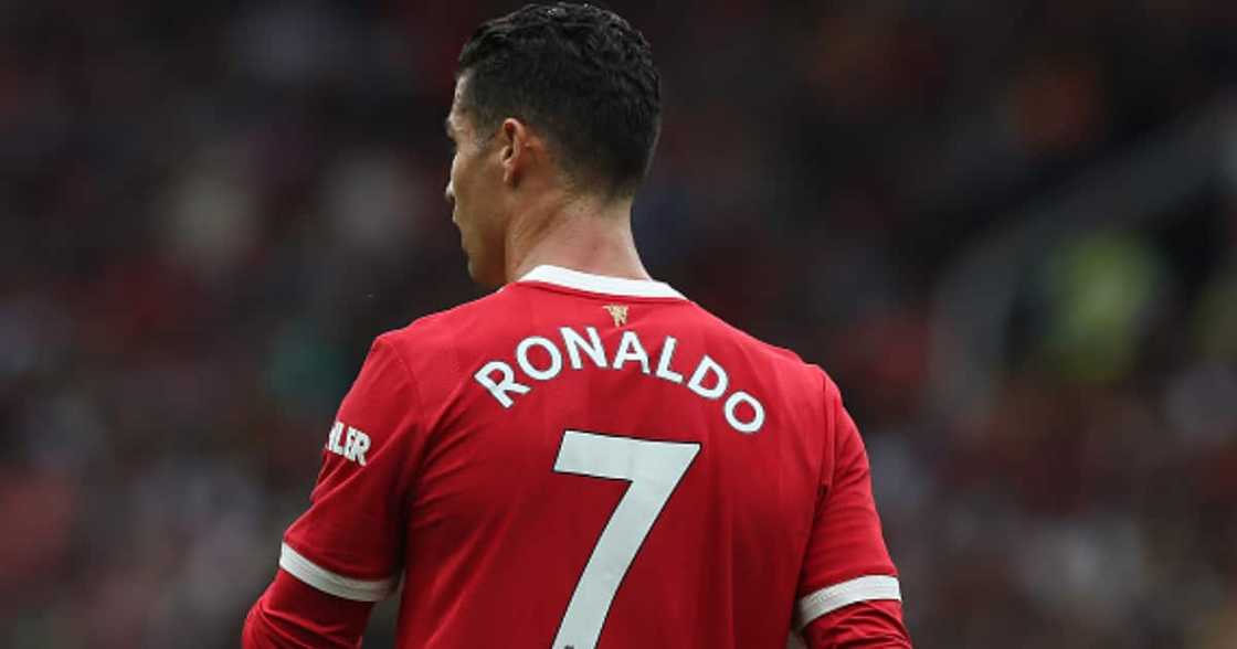 Cristiano Ronaldo of Manchester United in action during the Premier League match between Manchester United and Aston Villa at Old Trafford on September 25, 2021 in Manchester, England. (Photo by Matthew Peters/Manchester United via Getty Images) Cristiano Ronaldo of Manchester United in action during the Premier League match between Manchester United and Aston Villa at Old Trafford on September 25, 2021 in Manchester, England. (Photo by Matthew Peters/Manchester United via Getty Images)