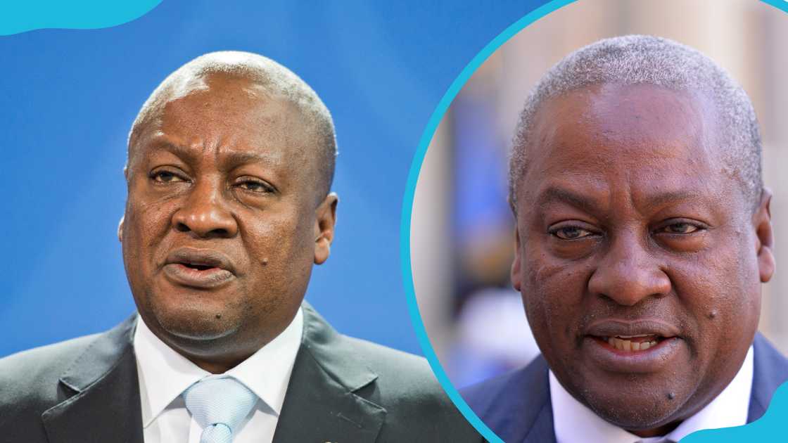 John Mahama attends a press conference in Chancellery (L). He is seen during his visit to the Elysee Presidential Palace in Paris, France (R)