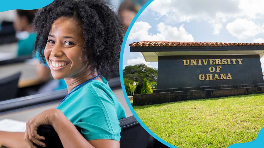 A medical student in the classroom and the University of Ghana logo