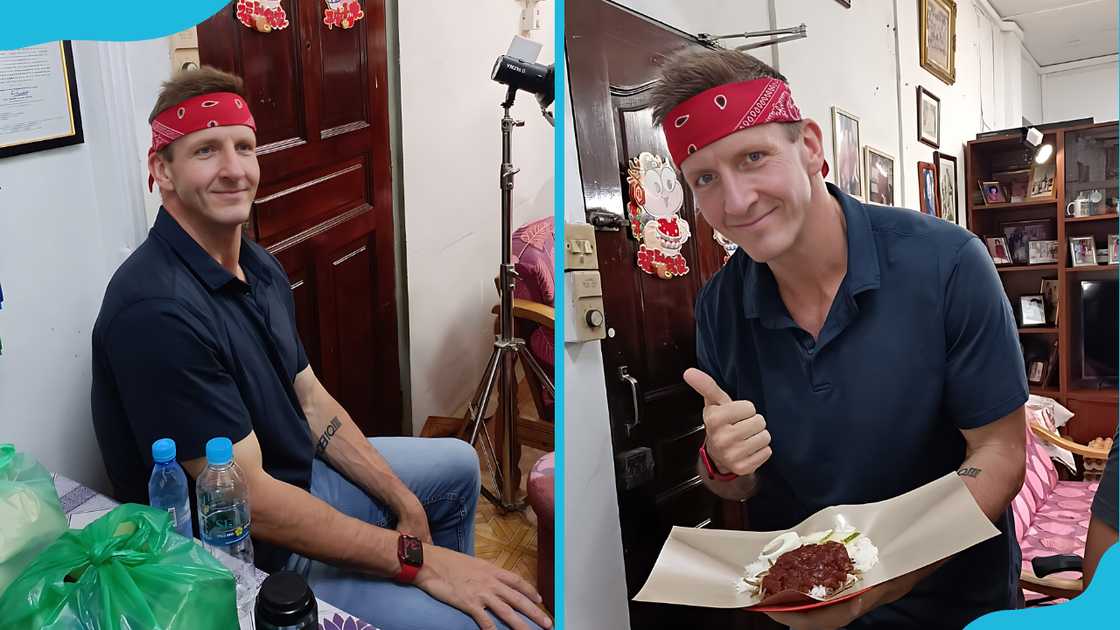 Will Sonbuchner sits beside filming gear (L) and standing with a plate of food, smiling and giving a thumbs-up. Will Sonbuchner sits beside filming gear (L) and standing with a plate of food, smiling and giving a thumbs-up.