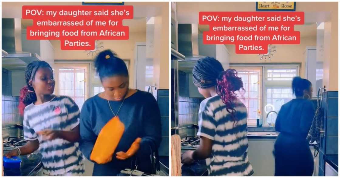A young girl telling mother not to bring party food home A young girl telling mother not to bring party food home