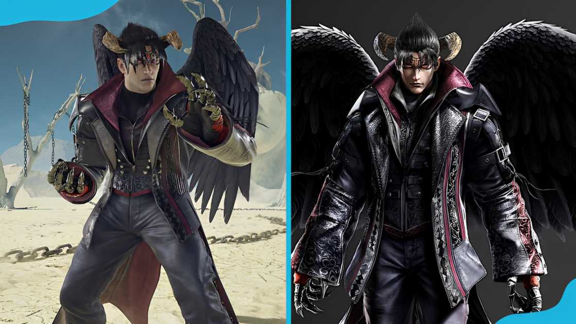 Devil Jin is shown in-game, featuring large black wings, red gloves, and dark pants (L) and a more detailed and stylised illustration of Devil Jin is presented (R)