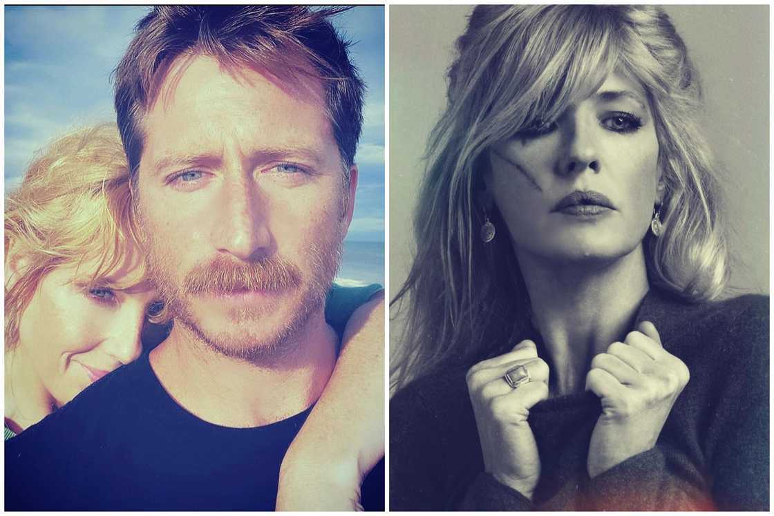 Kelly Reilly and her husband Kyle Baugher posing for a selfie and Kelly Reilly in a black and white professional photoshoot Kelly Reilly and her husband Kyle Baugher posing for a selfie and Kelly Reilly in a black and white professional photoshoot