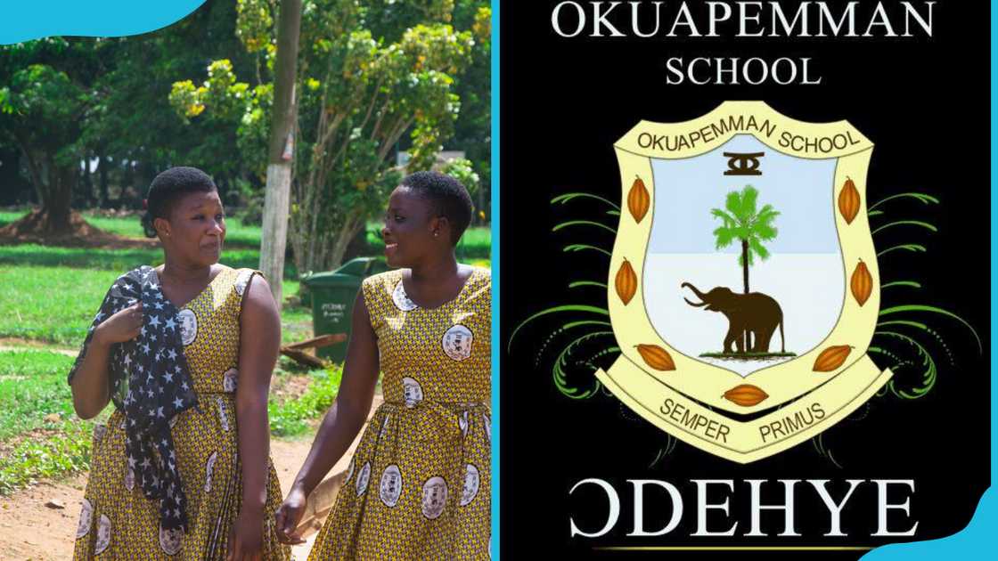 Okuapeman Senior High School students and logo Okuapeman Senior High School students and logo
