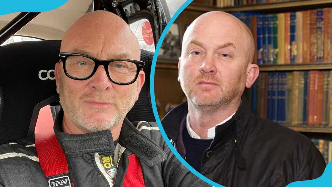 Drew Pritchard poses in a racecar (L) and in a library (R). Drew Pritchard poses in a racecar (L) and in a library (R).