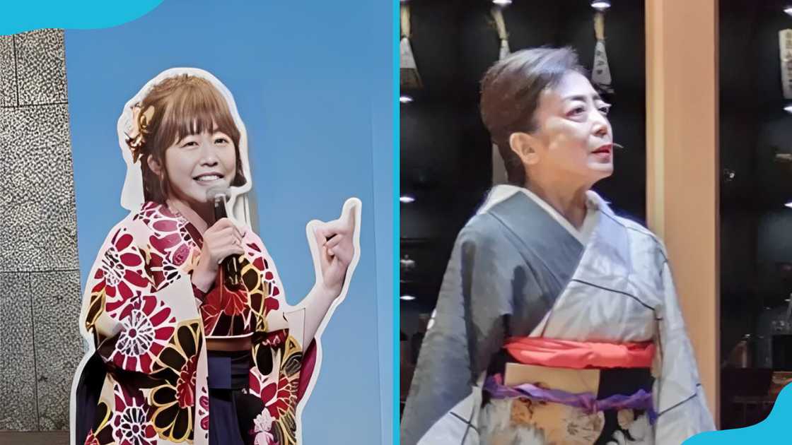 Ako Mayama is standing against a blue and grey background (L). She is in a building (R)