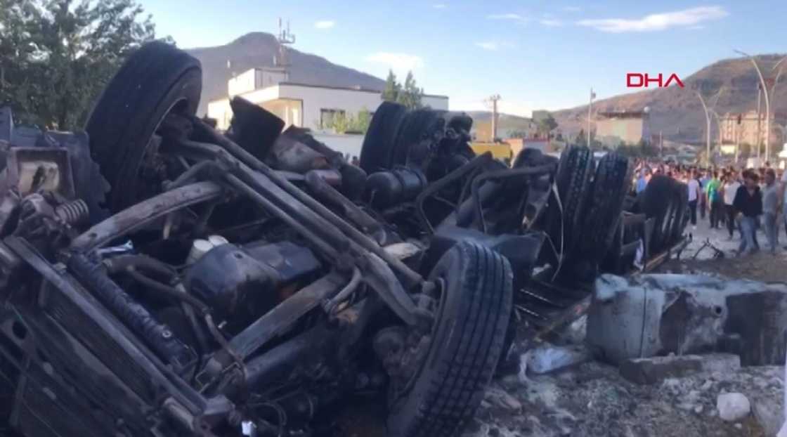 A video grab taken from AFP TV footage on August 20, 2022 shows a truck after a crash in the Derik district of Turkey's Mardin, which killed at least 19 people A video grab taken from AFP TV footage on August 20, 2022 shows a truck after a crash in the Derik district of Turkey's Mardin, which killed at least 19 people