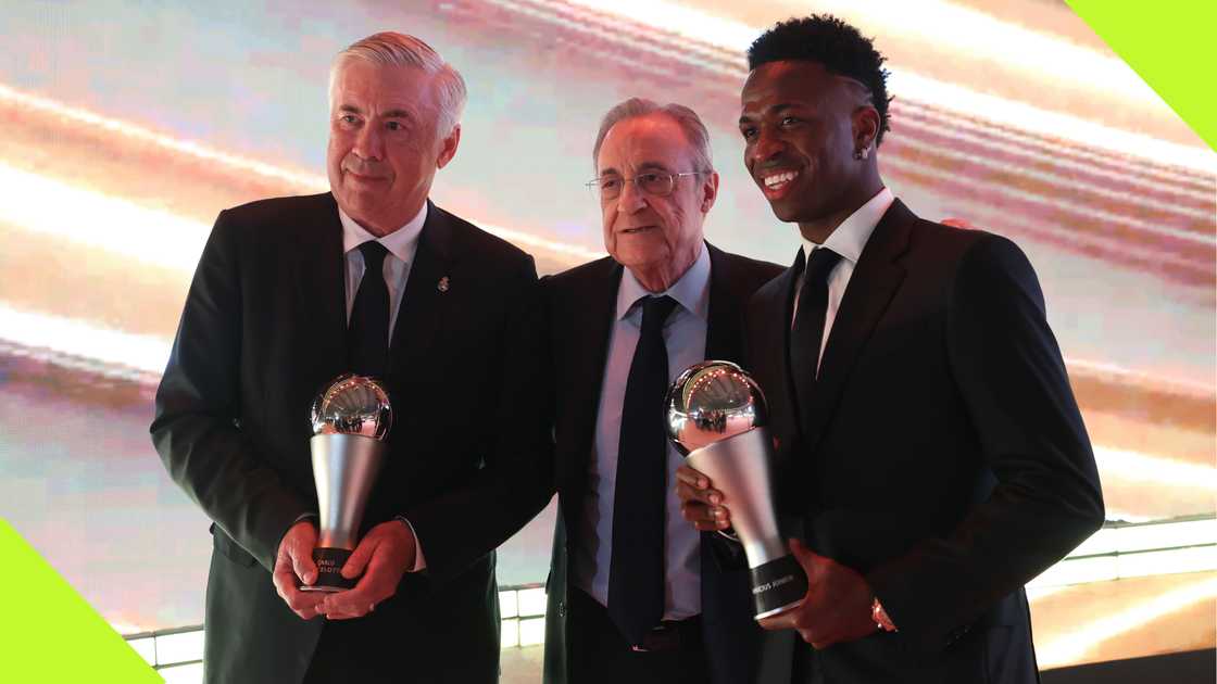 Carlo Ancelotti, Florentino Perez, Vinicius Jr, Real Madrid, FIFA Awards, Aspire Academy, Doha, Qatar. Carlo Ancelotti, Florentino Perez, Vinicius Jr, Real Madrid, FIFA Awards, Aspire Academy, Doha, Qatar.