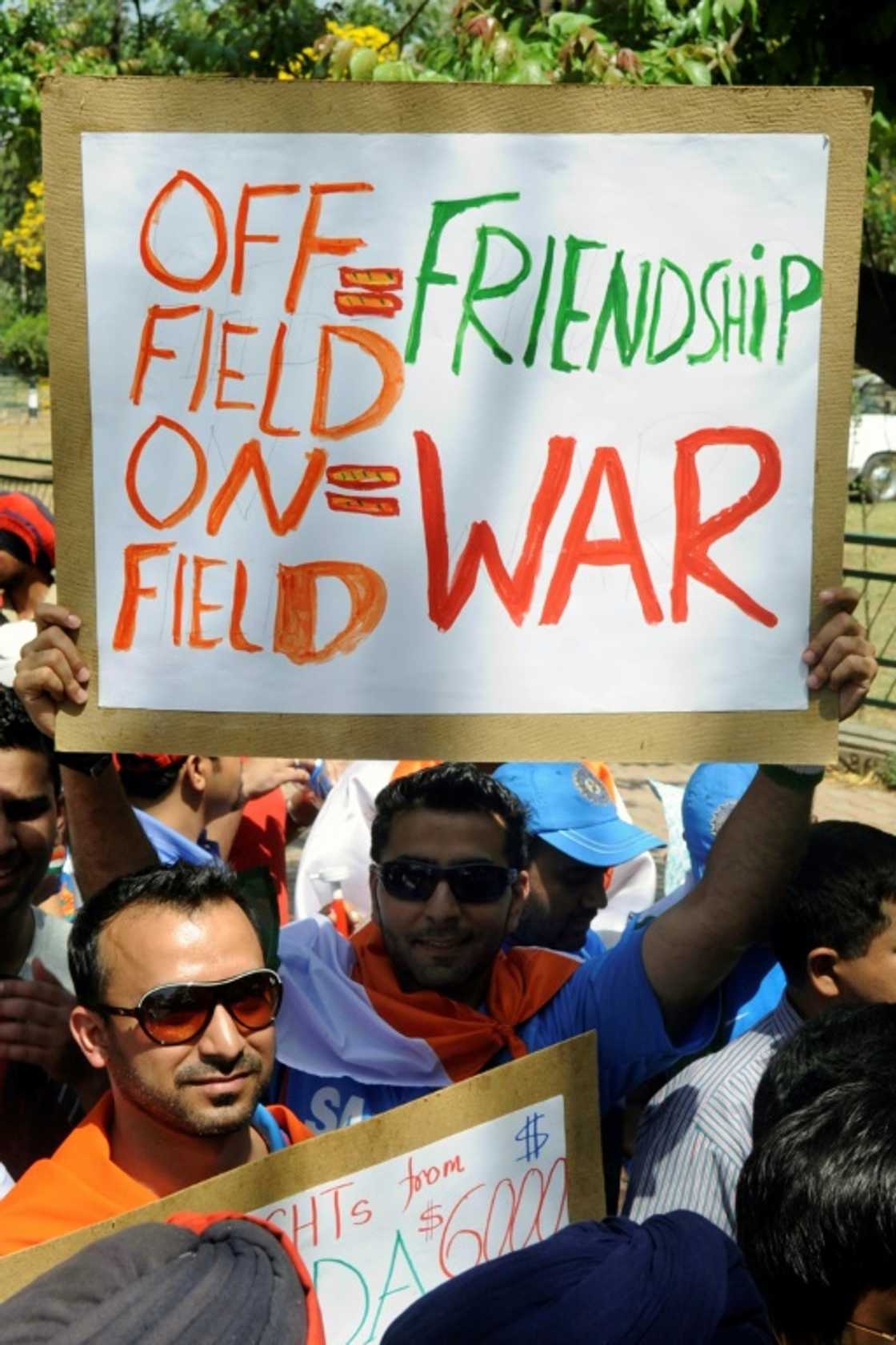 A fan holds up a placard summing up the cricket rivalry between India and Pakistan before the start of their World Cup semi-final match in Mohali in March 2011 A fan holds up a placard summing up the cricket rivalry between India and Pakistan before the start of their World Cup semi-final match in Mohali in March 2011