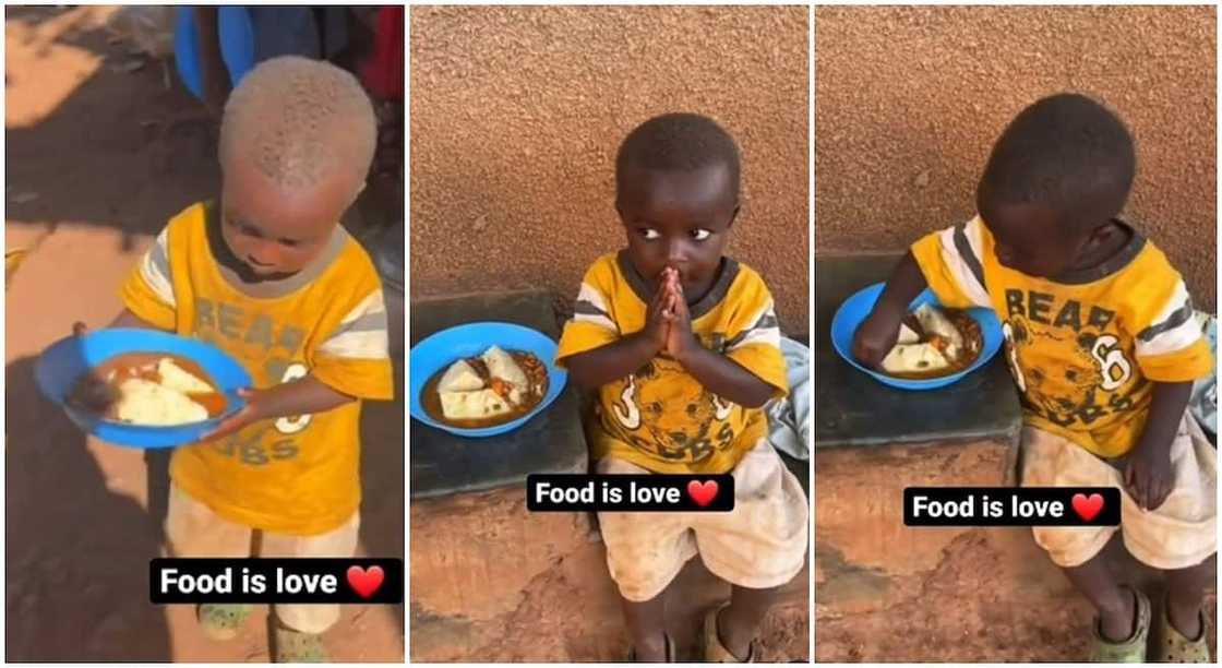 Little black boy praying before eating.