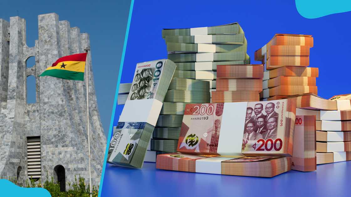 Nkrumah Mausoleum, Accra, Ghana (L). Stacks of Ghanaian cedi notes (R) Nkrumah Mausoleum, Accra, Ghana (L). Stacks of Ghanaian cedi notes (R)