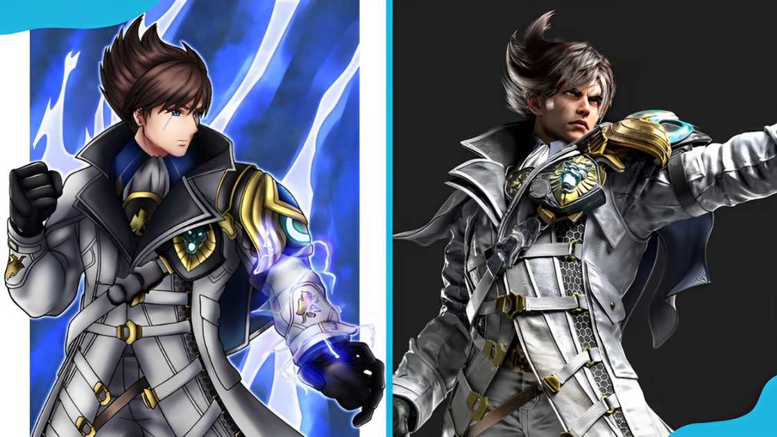 Lars Alexandersson is shown amidst dynamic blue and white lightning effects (L) and in a more realistic style with detailed armor and metallic finishes (R)