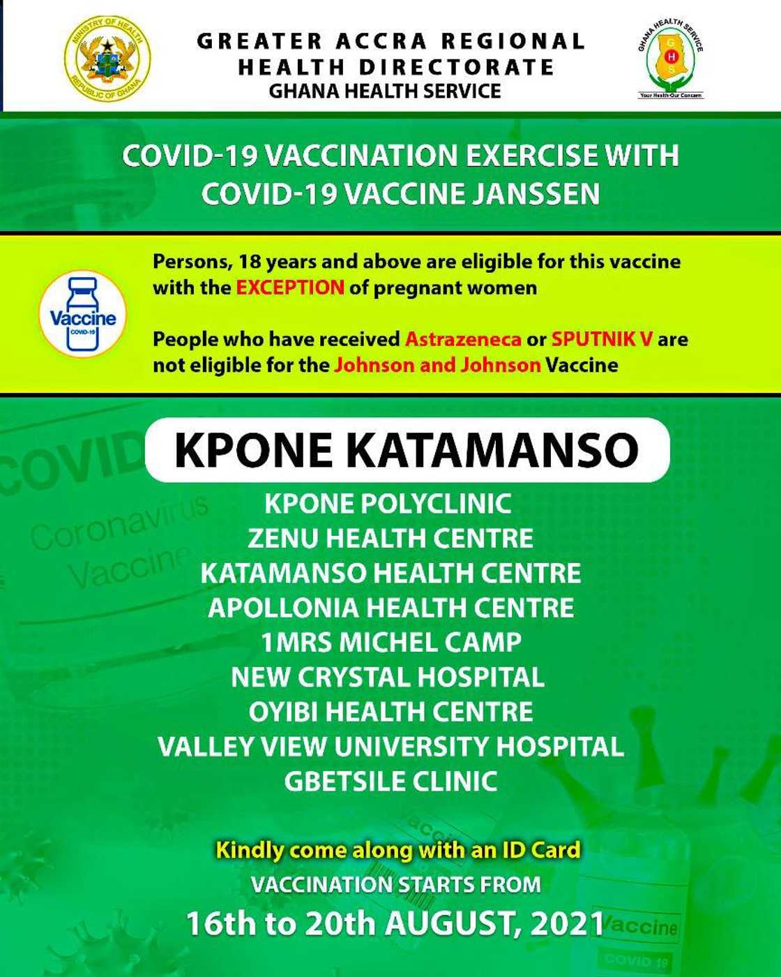 Ga South, 6 other designated districts to give Johnson and Johnson vaccine jab Ga South, 6 other designated districts to give Johnson and Johnson vaccine jab