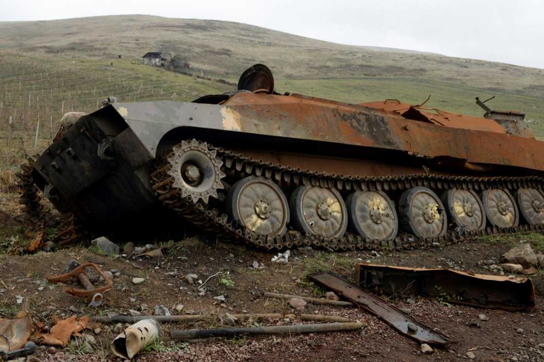 A picture taken November 30, 2020 shows what is said to be destroyed Armenian military hardware outside the towns of Hadrut and Khojavend -- six weeks of fighting between Armenia and Azerbaijan cost thousands of lives that year