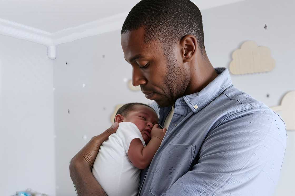 Father cuddling a sleeping newborn
