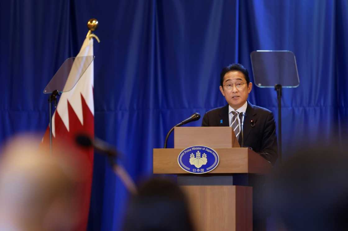 Japan's Prime Minister Fumio Kishida addresses a press conference during a visit to Qatar on July 18, 2023, as he wraps up a Gulf tour centred on energy security and cooperation with Tokyo's main suppliers. Japan's Prime Minister Fumio Kishida addresses a press conference during a visit to Qatar on July 18, 2023, as he wraps up a Gulf tour centred on energy security and cooperation with Tokyo's main suppliers.