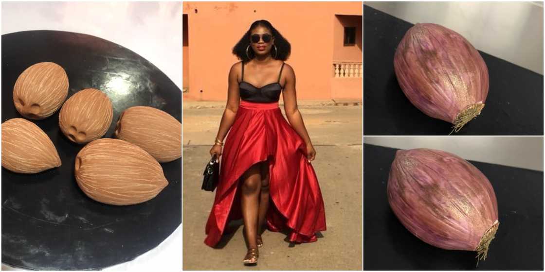 They look so real: Massive reactions as talented Nigerian baker moulds onions and coconuts with flower