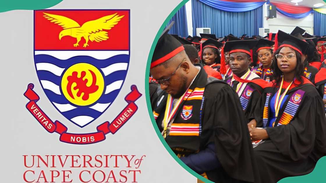 University of Cape Coast (UCC) logo (L). UCC postgraduate students during the 56th Congregation ceremony University of Cape Coast (UCC) logo (L). UCC postgraduate students during the 56th Congregation ceremony