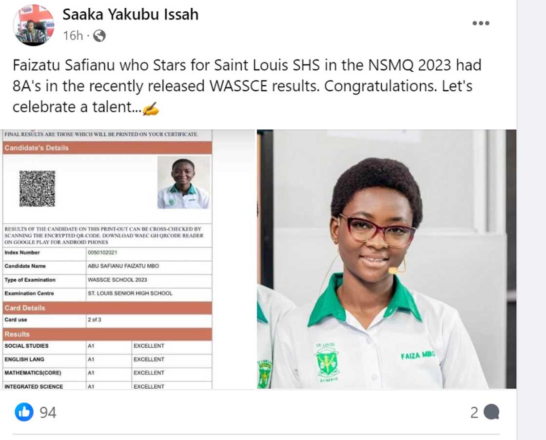 Photo Photo of Abu Safianu Faizatu Mbo's WASSCE results. Photo Photo of Abu Safianu Faizatu Mbo's WASSCE results.