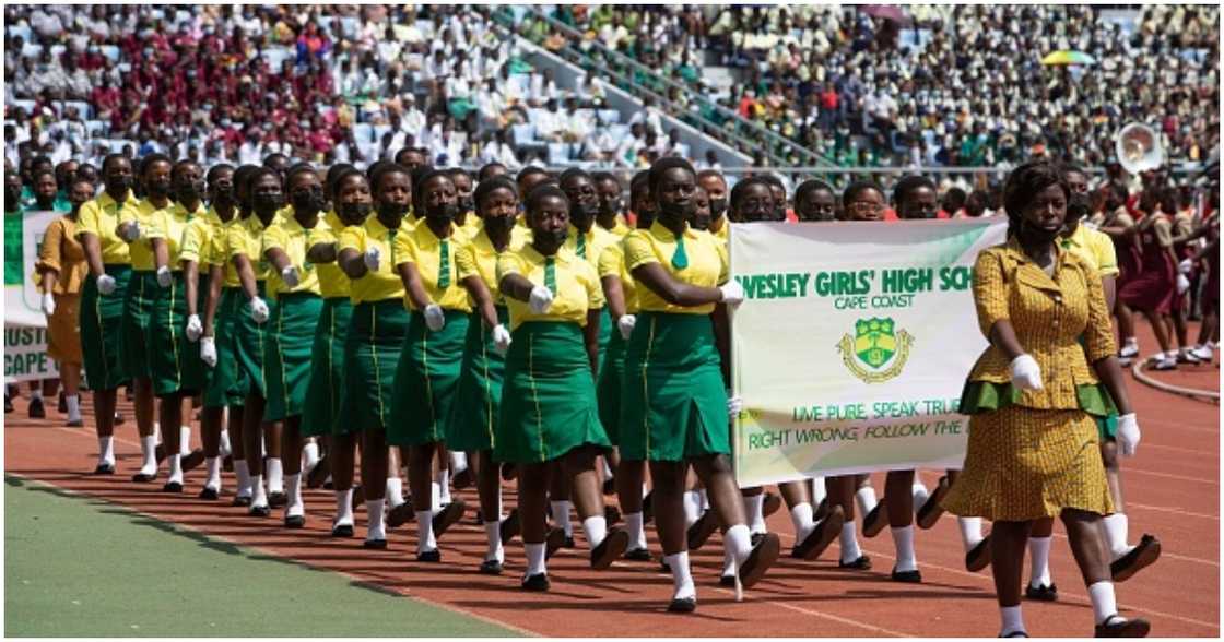 Wesley Girls students march during 2022 independence day celebrations. Wesley Girls students march during 2022 independence day celebrations.