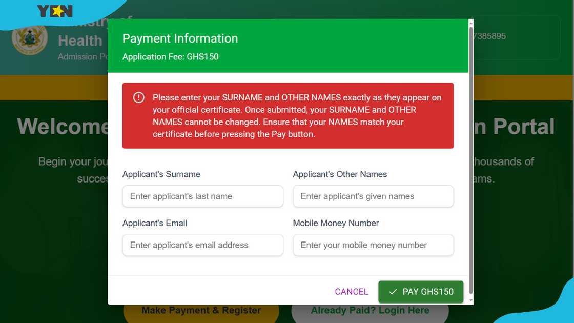 The "Make Payment & Register" option on the MOH Health Training admission portal. The "Make Payment & Register" option on the MOH Health Training admission portal.