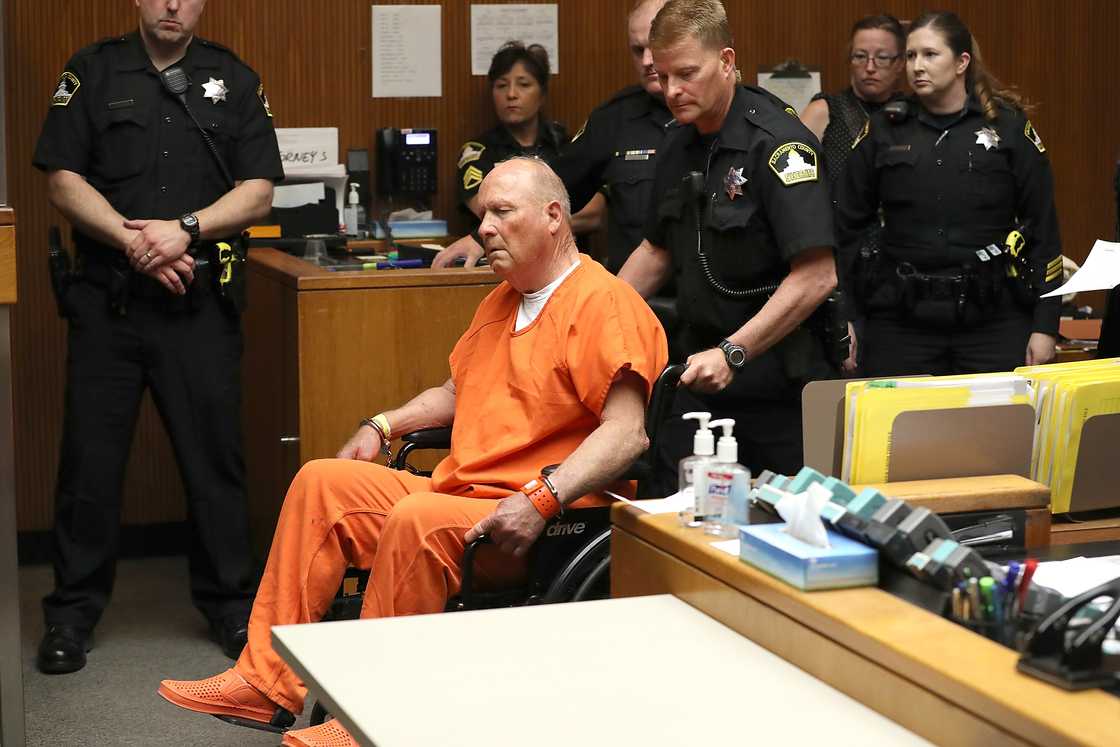 Joseph James DeAngelo, the suspected "Golden State Killer", appears in court for his arraignment in Sacramento, California