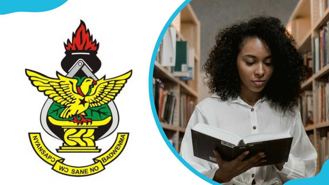 The KNUST logo and a female student in a white shirt is reading a book in a library