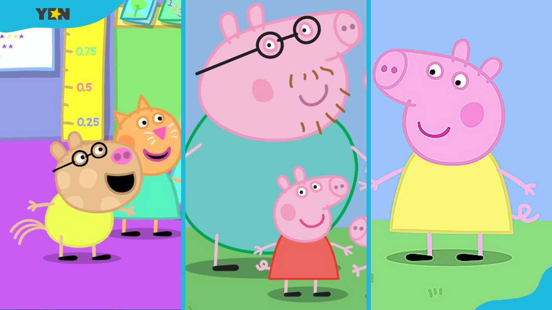 Peppa Pig characters Pedro Pony and Candy Cat (L), Daddy Pig with Peppa (C) and Chloe Pig (R)