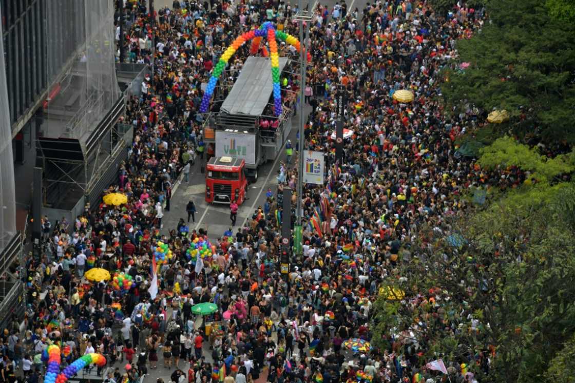 Hundreds of thousands of Brazilians take part in the Sao Paulo Pride Parade whose theme this year is "Vote with Pride – for policies that represent us" Hundreds of thousands of Brazilians take part in the Sao Paulo Pride Parade whose theme this year is "Vote with Pride – for policies that represent us"