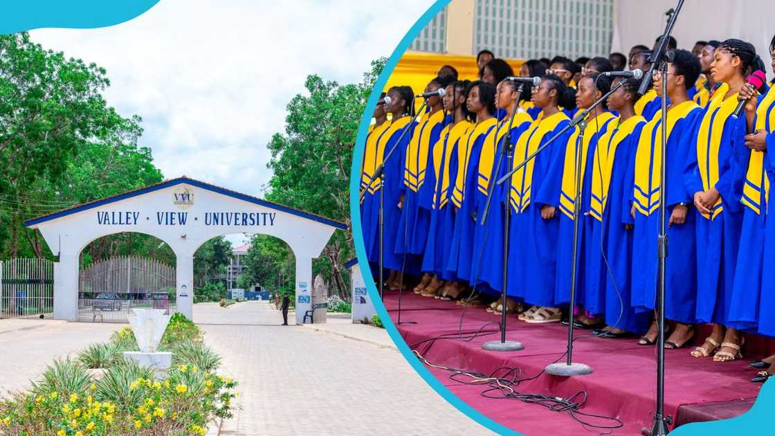 A photo of Valley View University gate and students in academic dresses